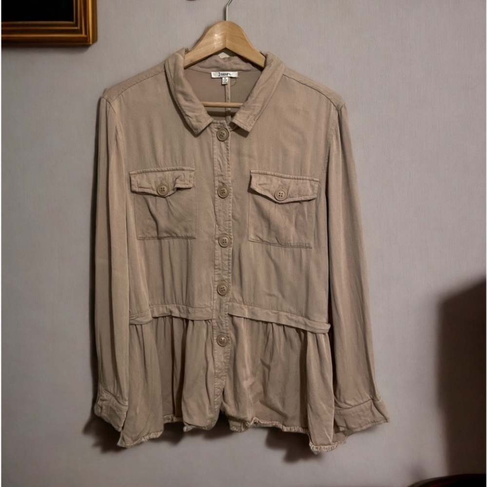 JODIFL Women’s Tan Peplum Long Sleeve Raw Hem Button Front Size S